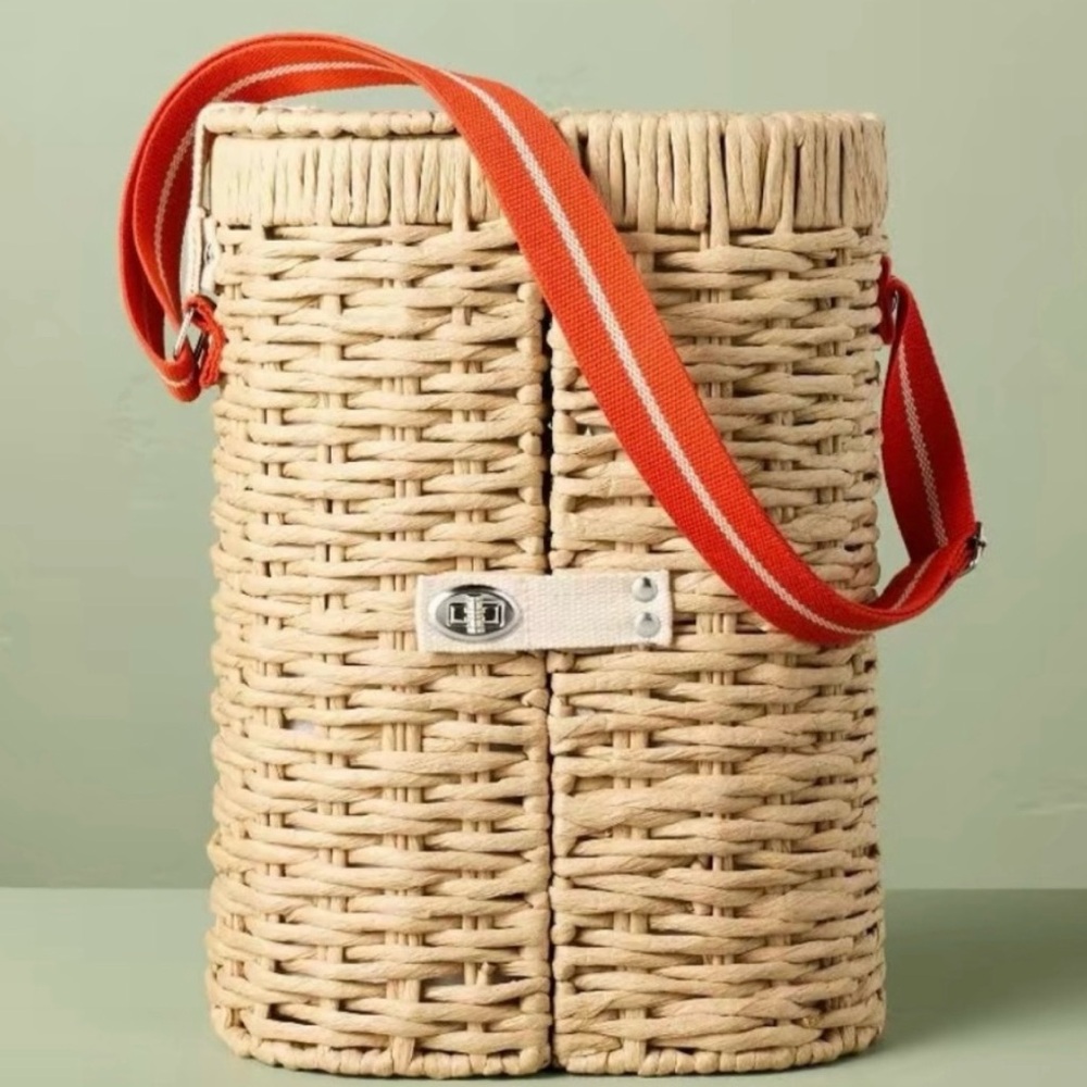 Hearth and Hand Woven Wicker Wine Basket Bottle Carrier Bag Red Strap & Glasses